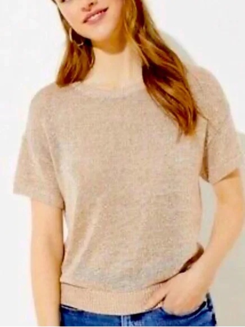 LOFT Short-Sleeve Knit Top Sparkling Gold